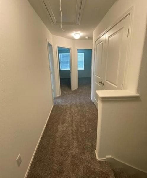 Hall featuring attic access and dark carpet