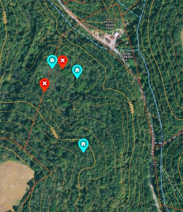 OnX Hunt Aerial/Topo View of Homesite #1 and #2 with approved perc sites (zoomed in view)