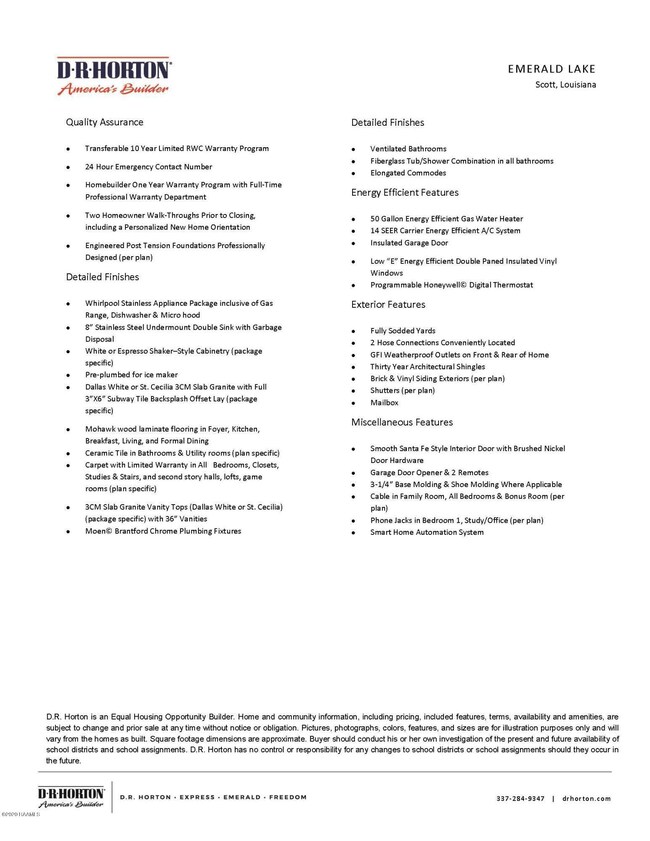 Emerald Lake Standard Feature Sheet 7.19