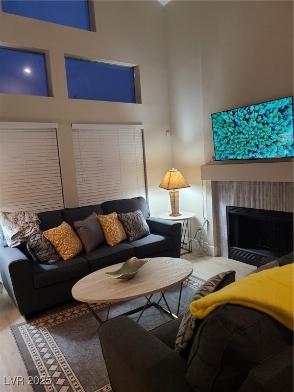 Living area featuring wood finished floors, a high