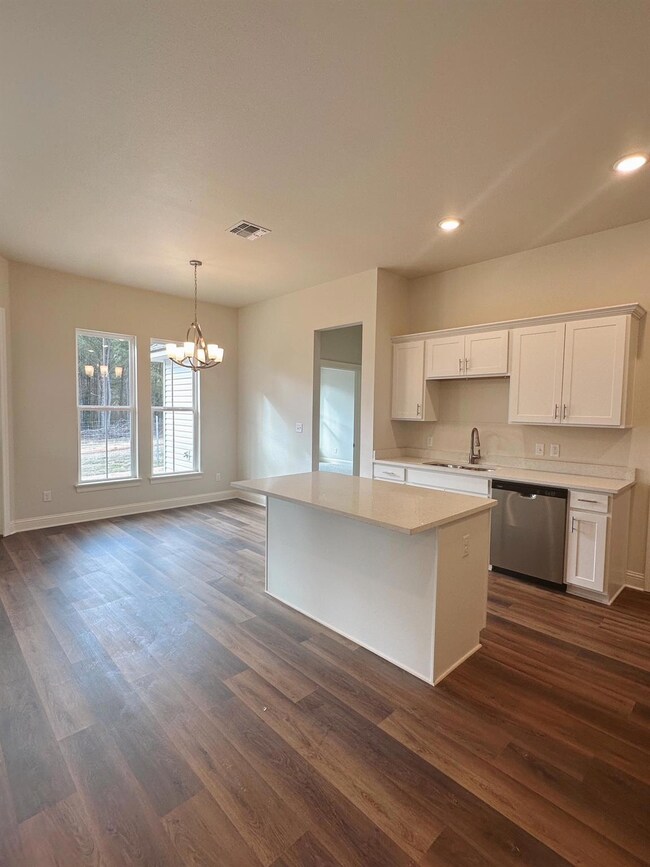 Kitchen with dark wood-type flooring, stainless st