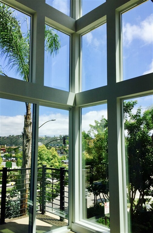 Walls of windows with views of Mission Valley, sur