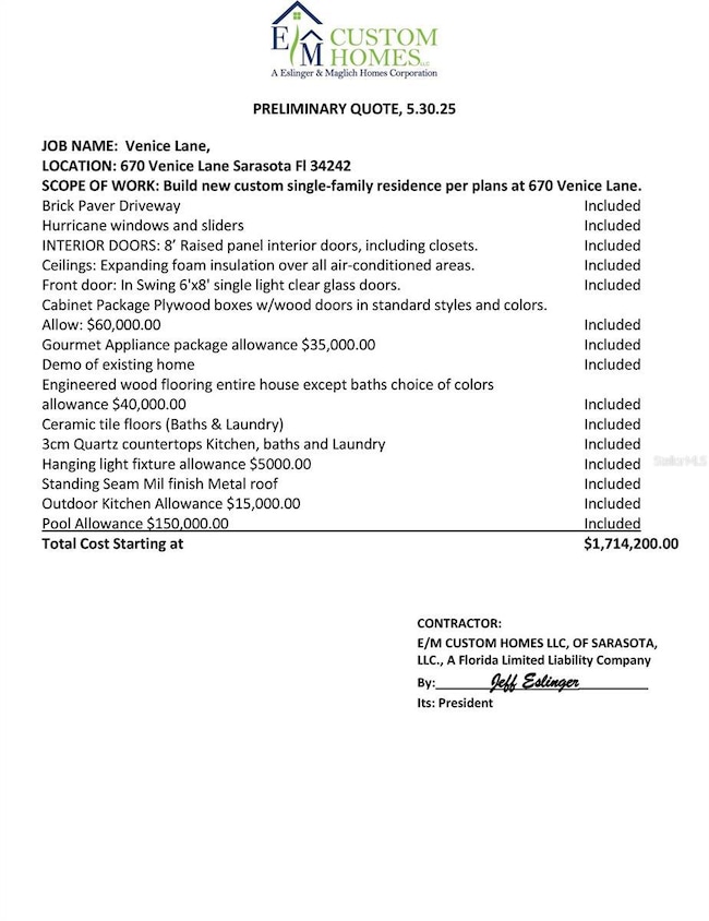 Quote sheet - house only