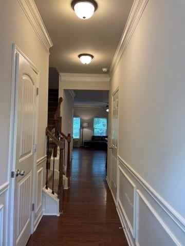 Hall with crown molding, a decorative wall, dark wood-style floors, and a wainscoted wall