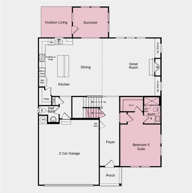 First Floor Plan -  Additional highlights include: unfinished basement, main floor bedroom with a full bathroom, an additional bathroom upstairs, covered back patio with sunroom, and shower with a separate tub in the primary bathroom