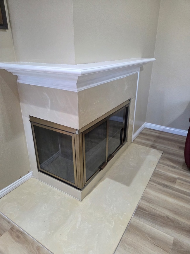Details featuring baseboards, wood finished floors, and a fireplace