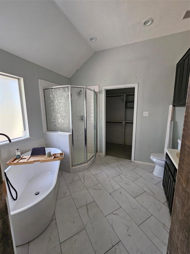 Full bathroom with vanity, toilet, lofted ceiling,