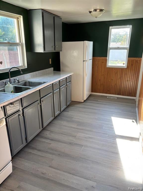 Kitchen with wooden walls, a wainscoted wall, gray cabinets, light wood-style flooring, and light countertops