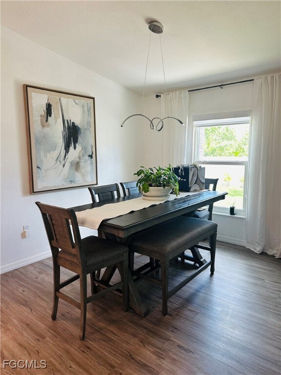 Dining room featuring wood finished floors and bas