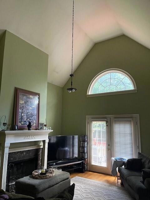 Living room featuring a high end fireplace, light 
