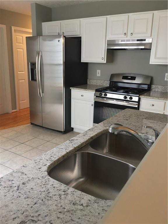 Kitchen featuring under cabinet range hood, stainless steel appliances, a sink, and white cabinets