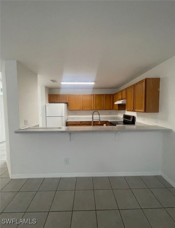 Kitchen featuring freestanding refrigerator, stain