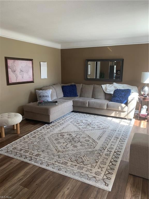 Living room with ornamental molding and vinyl flooring