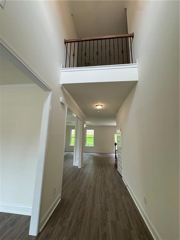 Corridor with a towering ceiling and dark wood-type flooring