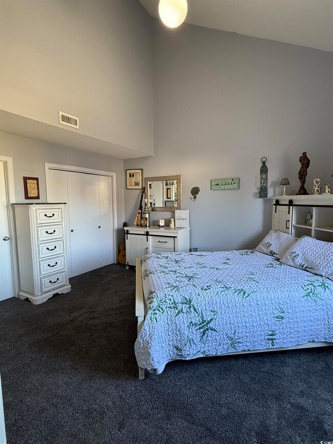 Bedroom featuring high vaulted ceiling, a closet, and dark colored carpet