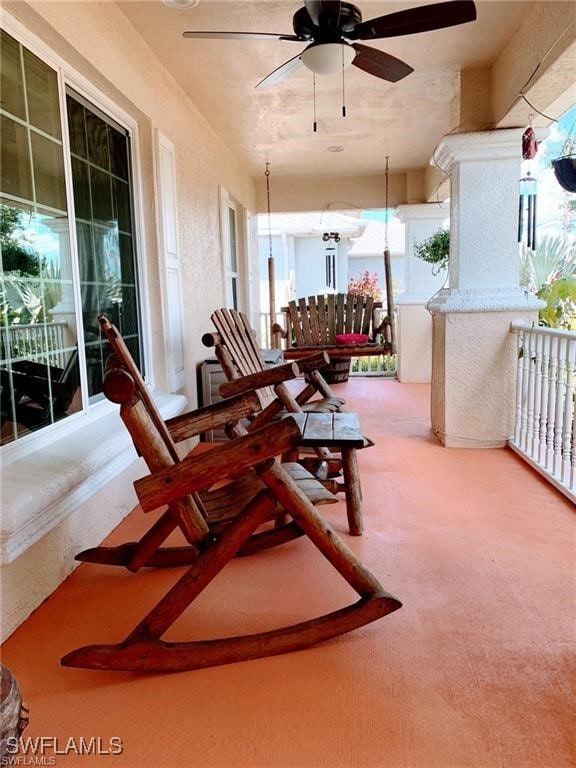 Covered porch with ceiling fan