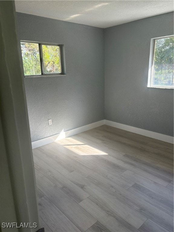 Empty room featuring wood finished floors, a textu