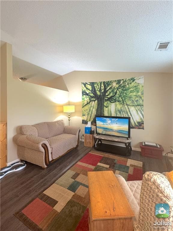 Living area featuring wood finished floors, a textured ceiling, and vaulted ceiling