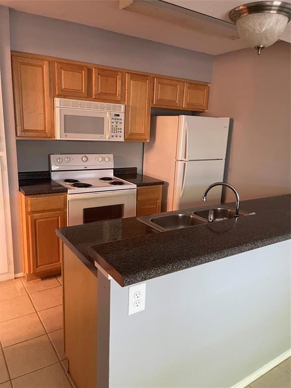 Kitchen with white appliances, dark countertops, 