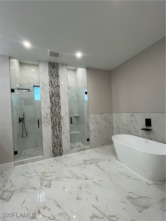 Bathroom with independent shower and bath and tile
