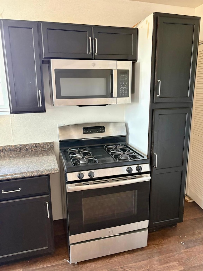 Kitchen featuring stainless steel appliances and dark wood-style flooring