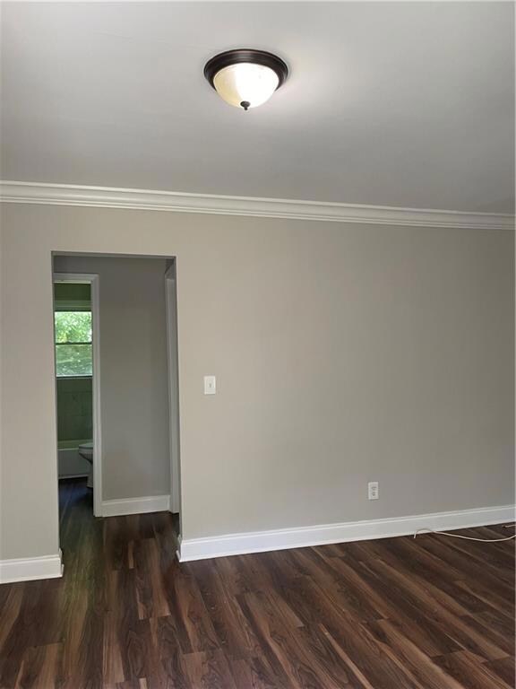 Empty room with ornamental molding and dark wood finished floors