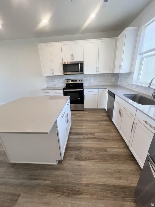 Kitchen with white cabinetry, stainless steel appliances, dark wood-type flooring, and decorative backsplash