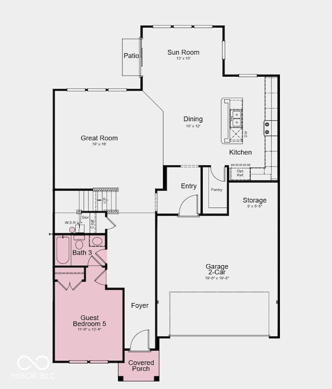 First Floor Plan - Additional highlights include: main floor bedroom with a full bathroom, shower with bench in the primary bathroom, uncovered patio, and water softener rough-in located under the stairs
