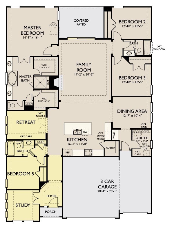 The 1-story Dominion floorplan includes over 2,600 square feet of living space, 4 bedroom, 3 full baths, and a flex space.