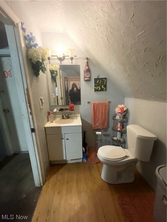 Bathroom with toilet, lofted ceiling, oversized vanity, and wood-type flooring