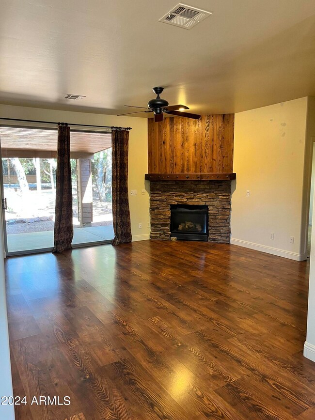 Custom stone/wood fireplace