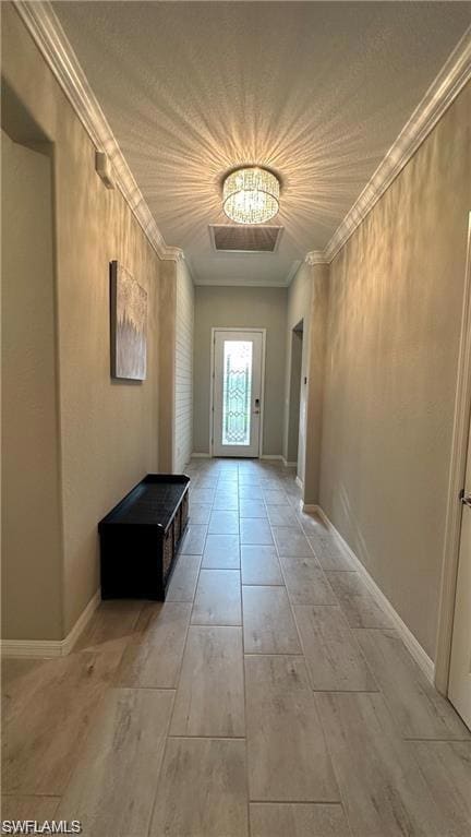 Doorway with light wood finished floors, ornamenta