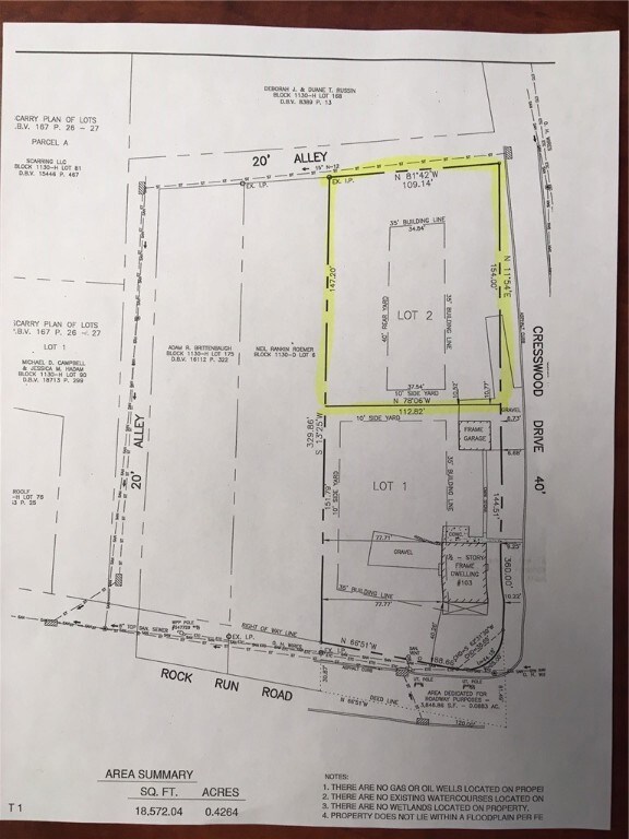 Cresswood Lot Survey.  Lot for sale is highlighted
