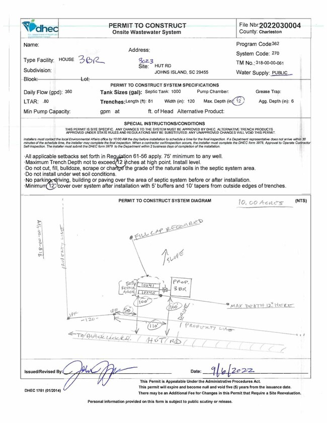 0 Hut Rd - DHEC Septic Permit - Publishe