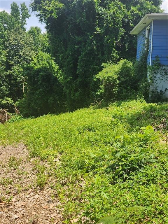 View of yard featuring a view of trees