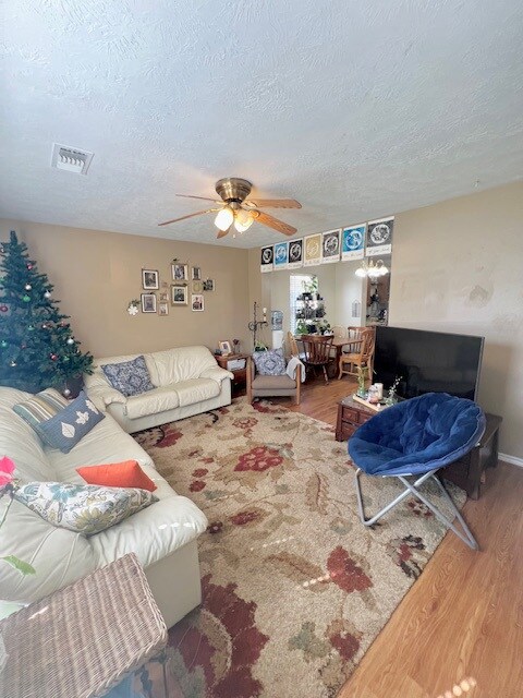 Living area with visible vents, a textured ceiling