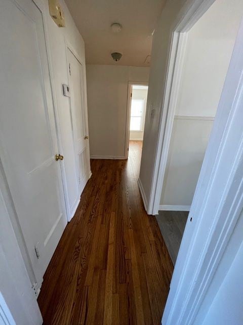 Hallway featuring dark wood-style floors