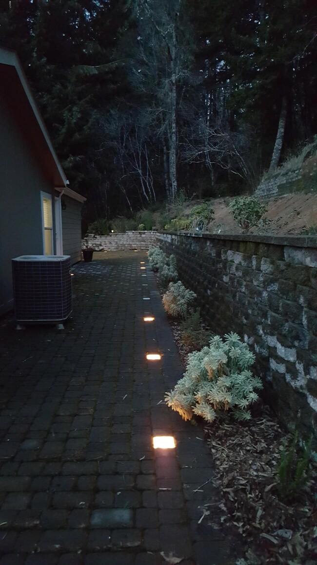 Lighted walkways at dusk