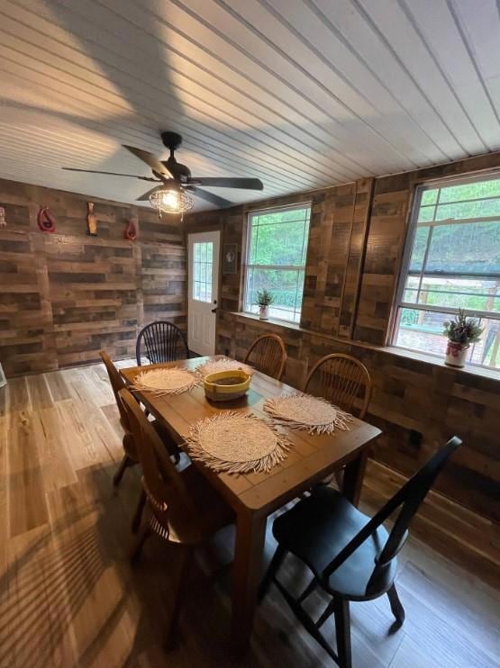 Dining area featuring wood walls, healthy amount o