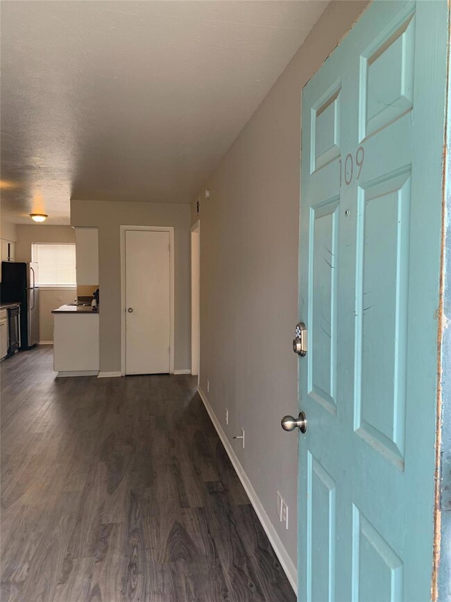 Entryway featuring baseboards and dark wood-type f