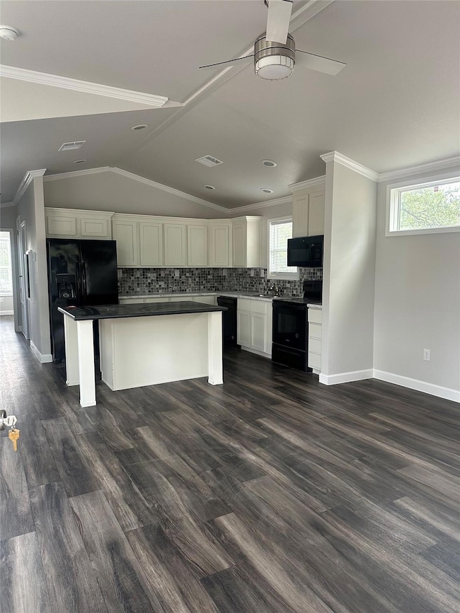 Kitchen with black appliances, a ceiling fan, whi
