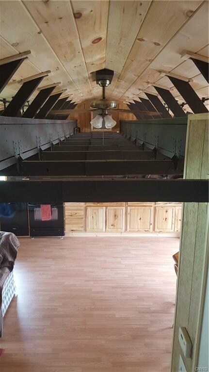 Beautiful exposed beams, view from upstairs hallwa