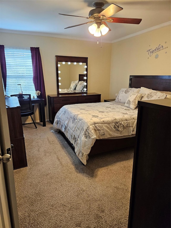 Carpeted bedroom featuring ceiling fan and crown m