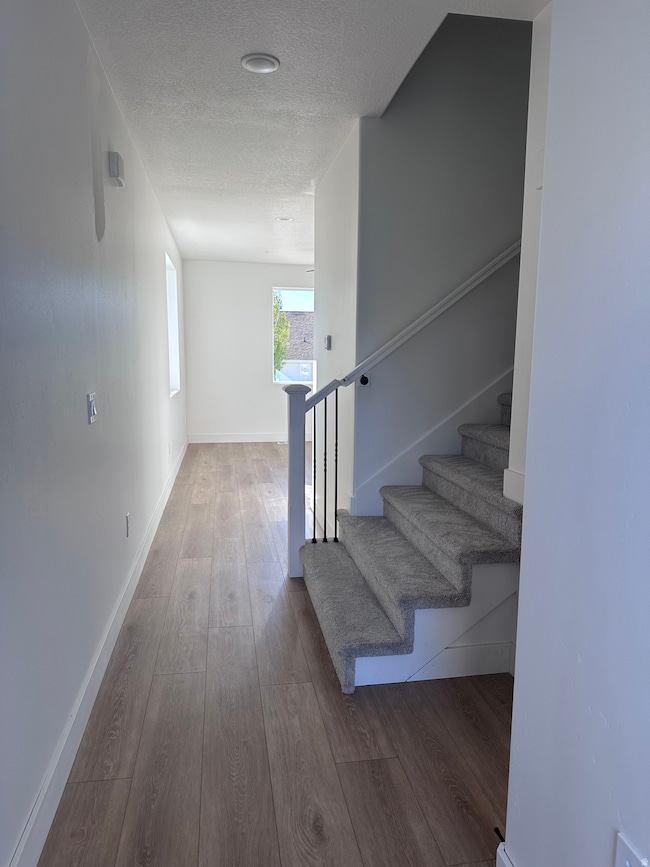 Staircase featuring wood finished floors and a textured ceiling