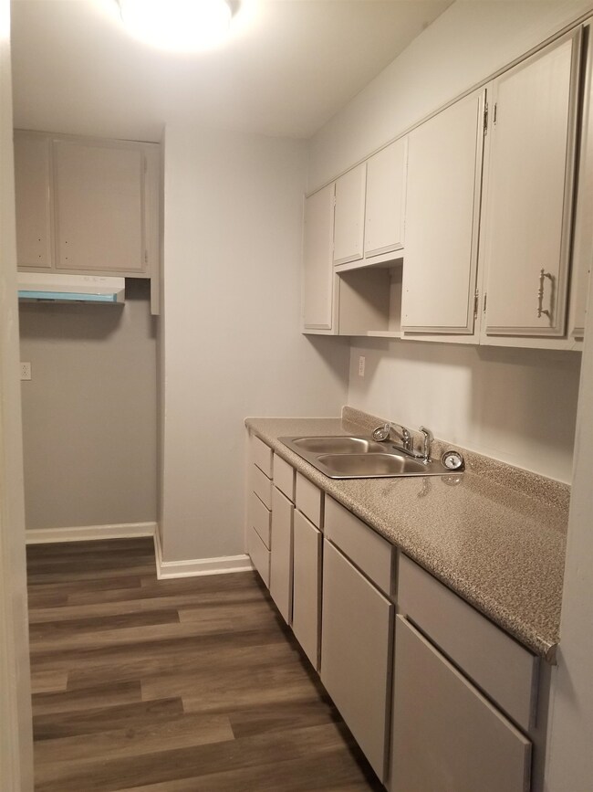 Kitchen with dark wood-type flooring, sink, and wh