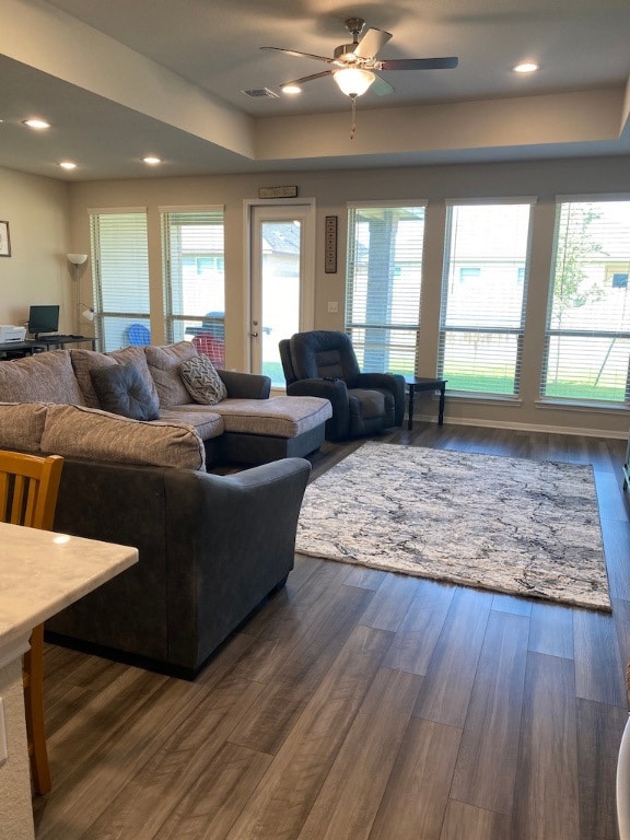 Living room featuring dark wood-style flooring, vi