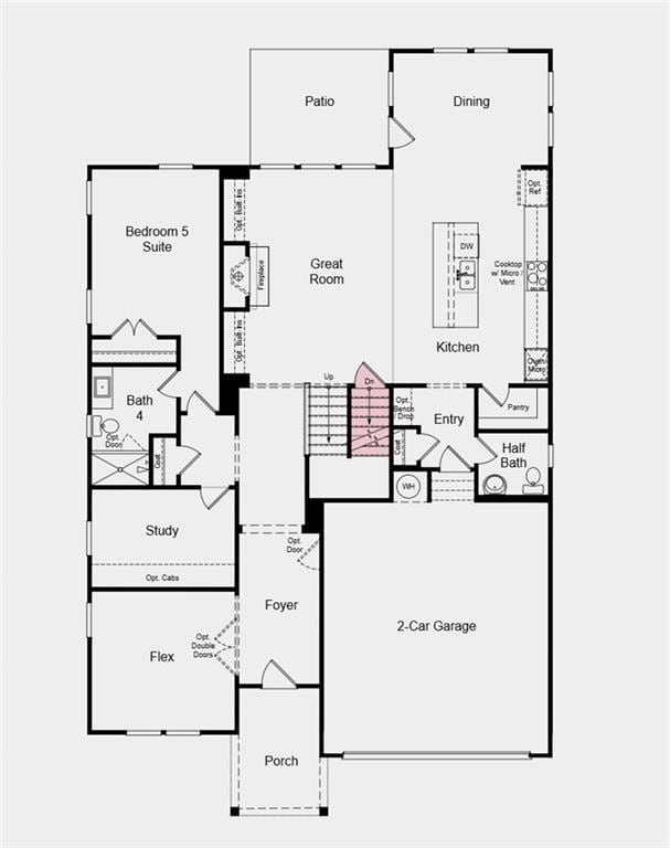 First Floor Plan - Additional highlights include: unfinished walkout basement and primary bath with a soaking tub and a separate shower