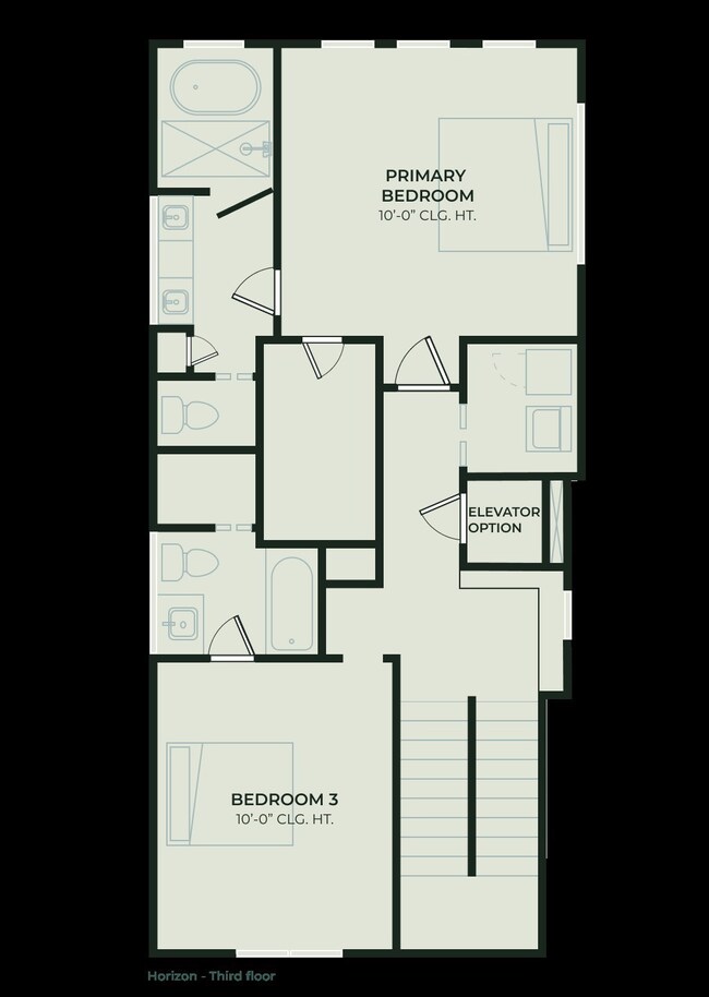 Explore the Horizon A's third floor, featuring a spacious primary bedroom and an additional bedroom, both with 10-foot ceilings. Enjoy two full bathrooms and the convenience of an elevator option, all designed for modern living.