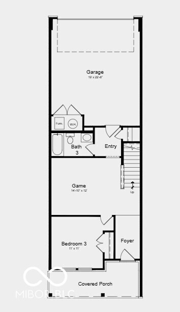 First Floor Plan - Additional highlights include: covered deck with a sliding glass door, granite countertops in kitchen, water softener rough-in located on the first floor, and shower with a built-in bench in the primary bathroom