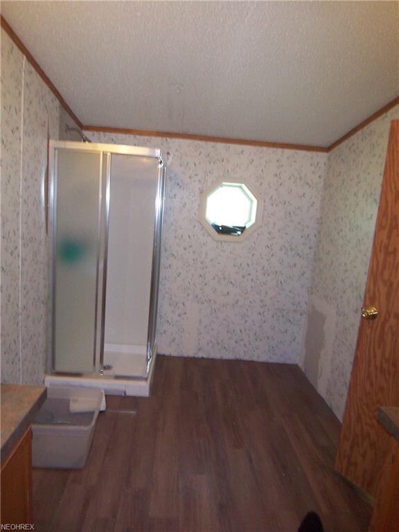 Master Bathroom with new wood laminate flooring
